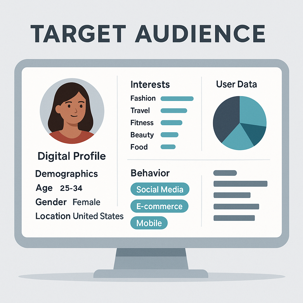 “Digital target audience profile dashboard showing demographics, interests, user data, and behavior insights.”