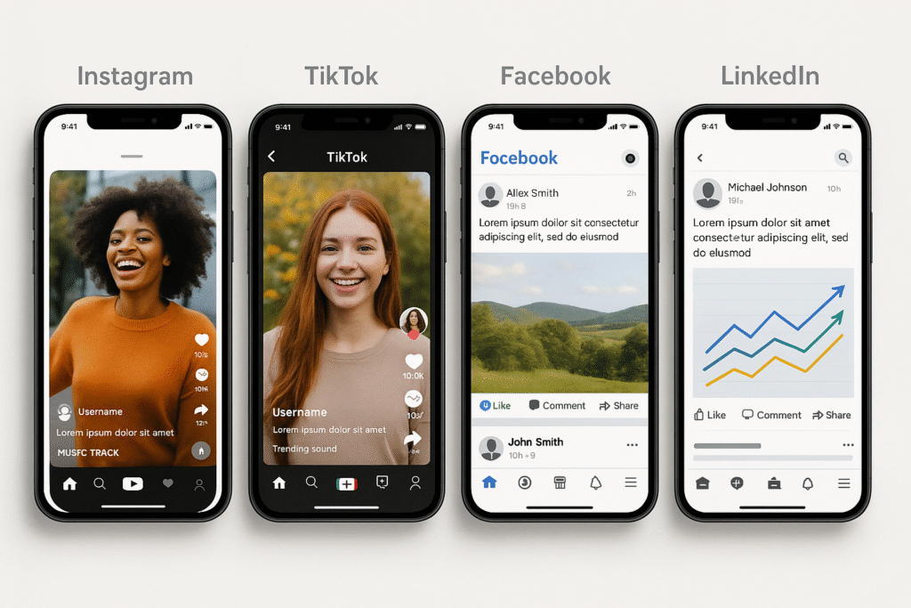 “Four smartphones side by side displaying Instagram Reels, TikTok videos, Facebook posts, and LinkedIn updates to show platform-specific content formats.”