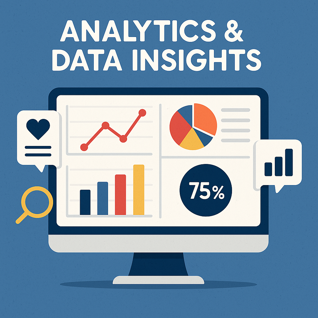 “Illustration of a social media analytics dashboard displaying line charts, bar graphs, pie charts, and performance metrics on a computer screen.”