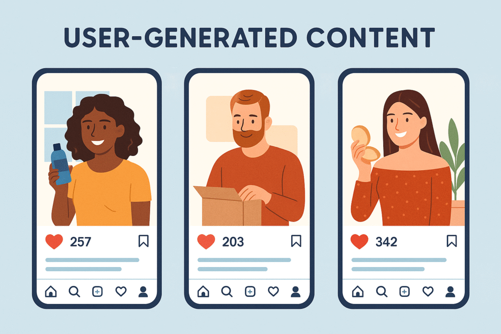 “Illustration of three user-generated social media posts on smartphone screens showing customers sharing product photos with likes and comments.”