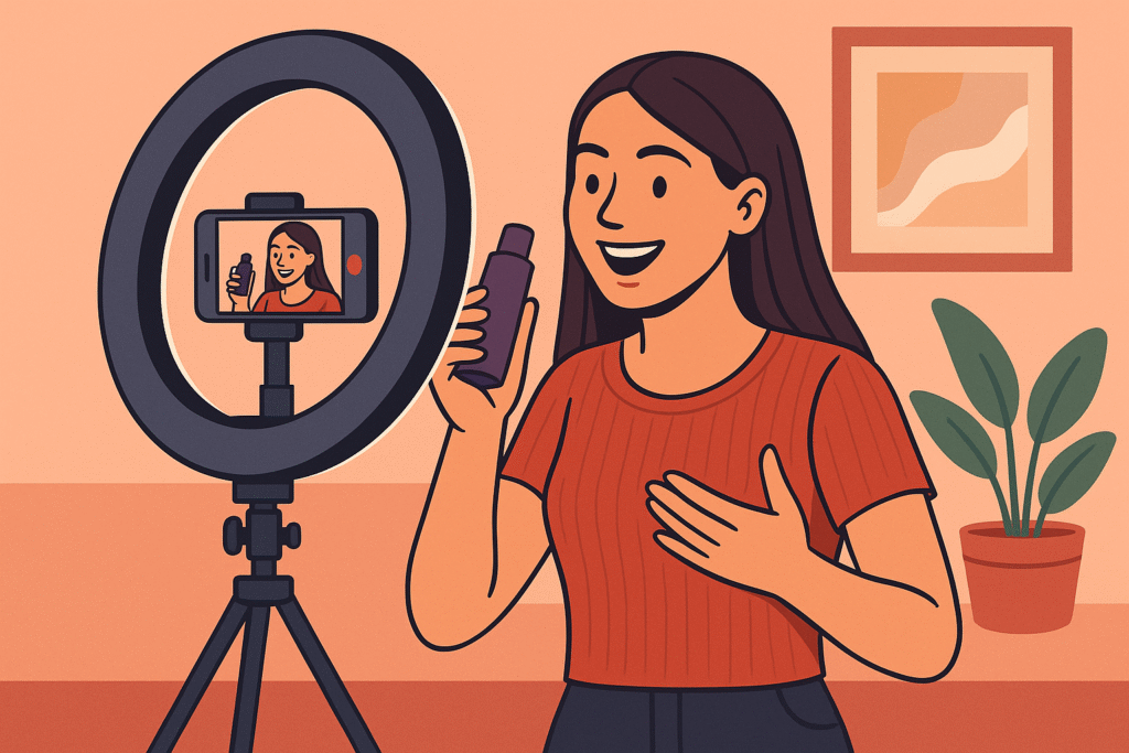 “Illustration of a female influencer recording a video with a smartphone and ring light while holding a product for a brand collaboration.”