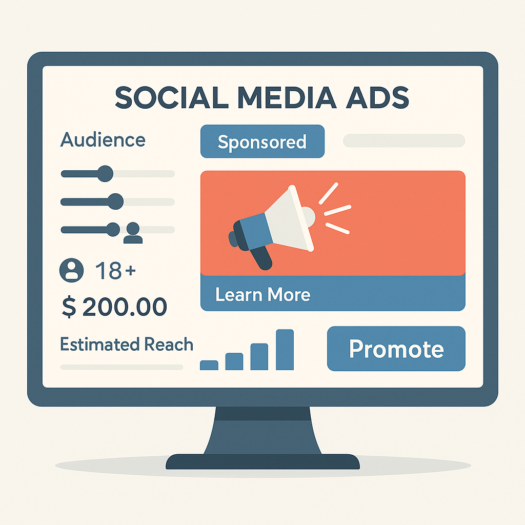 “Illustration of a social media ad dashboard showing targeting sliders, budget settings, estimated reach, and a promoted post preview.”