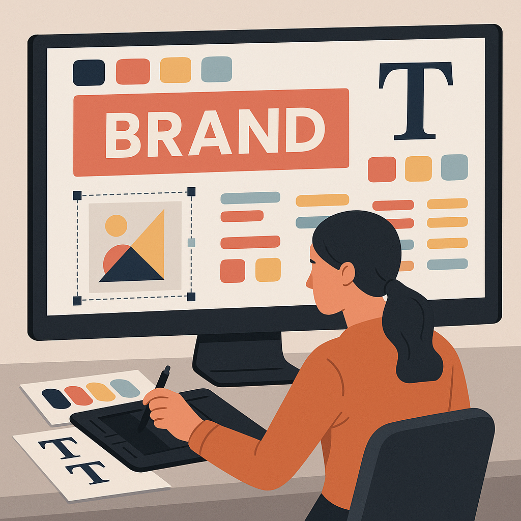“Illustration of a graphic designer creating branded social media visuals on a computer screen with color palettes, typography, and design elements.”