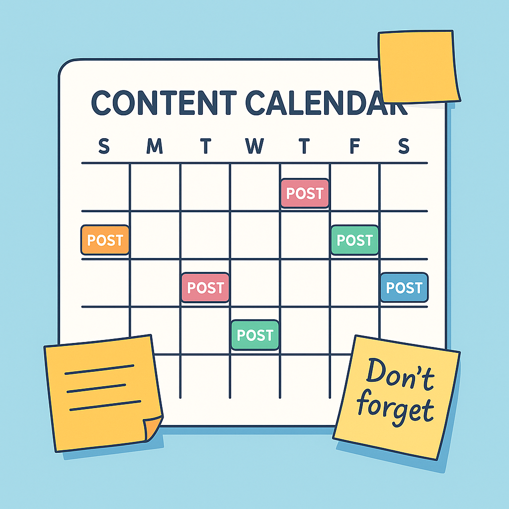 “Illustration of a social media content calendar with scheduled posts marked in color blocks and sticky note reminders.”