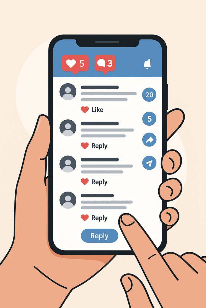 “Illustration of a hand holding a smartphone showing social media comments, likes, notifications, and a reply button to represent audience engagement.”
